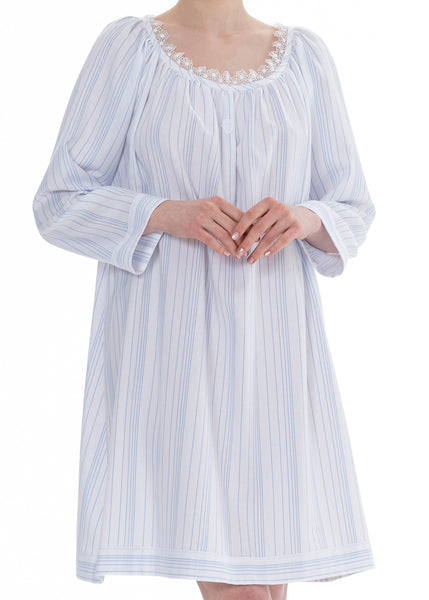 Celestine kurzes Flanell Babydoll-Nachthemd BEA weiß hellblau langarm Streifen Spitze