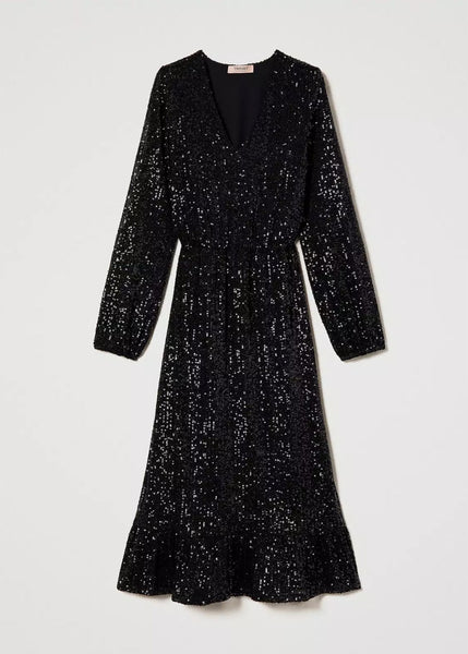 Twin-Set Abendkleid ABITO schwarz Paillettenbesatz auf Tüll mit V-Ausschnitt