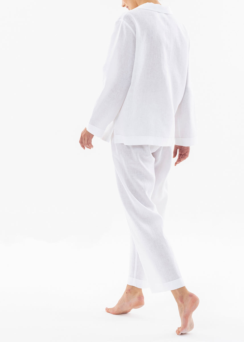 Celestine langer Pyjama PIANO klassisch weißes Leinen Reverskragen – | Pyjama-Sets