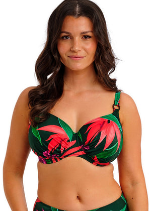 Fantasie Bikinioberteil PICHOLA dunkelgrün mit Palmenblätter-Muster Bügel gerafft