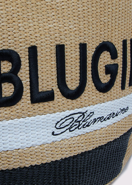 BLUGIRL große Basttasche beige schwarzes Logo weißer Steifen