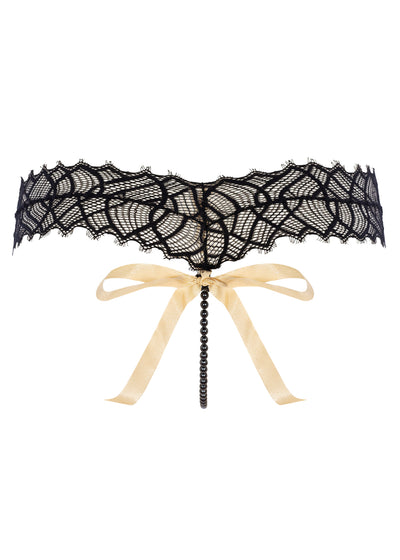 Bracli Perlenstring-G BETTIE PAGE schwarz italienische Spitze Lurex Schleifchen Pinup Style