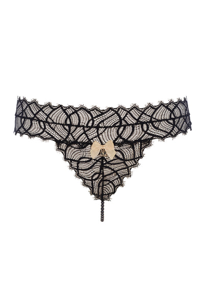 Bracli Perlenstring-G BETTIE PAGE schwarz italienische Spitze Lurex Schleifchen Pinup Style
