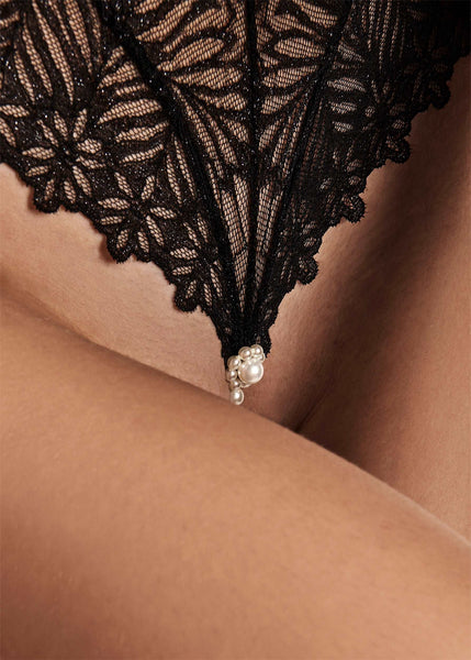 Bracli Perlenbody-G DESTINOS schwarz aus Seide Spitze Lurex champagnerfarbene Perlen