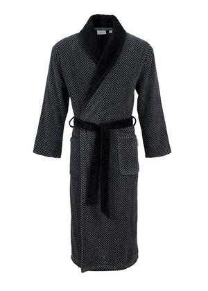 Carl Ross Herren-Bademantel grau gestreift Schalkragen Veloursfrottier mit Bindegürtel