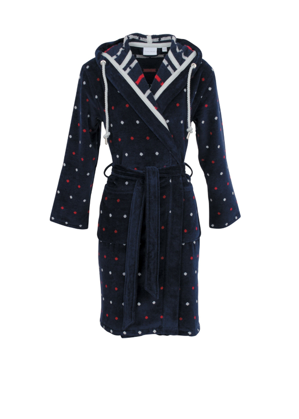 Carl Ross kurzer Bademantel dunkelblau mit Tupfen aus Velours mit Kapuze