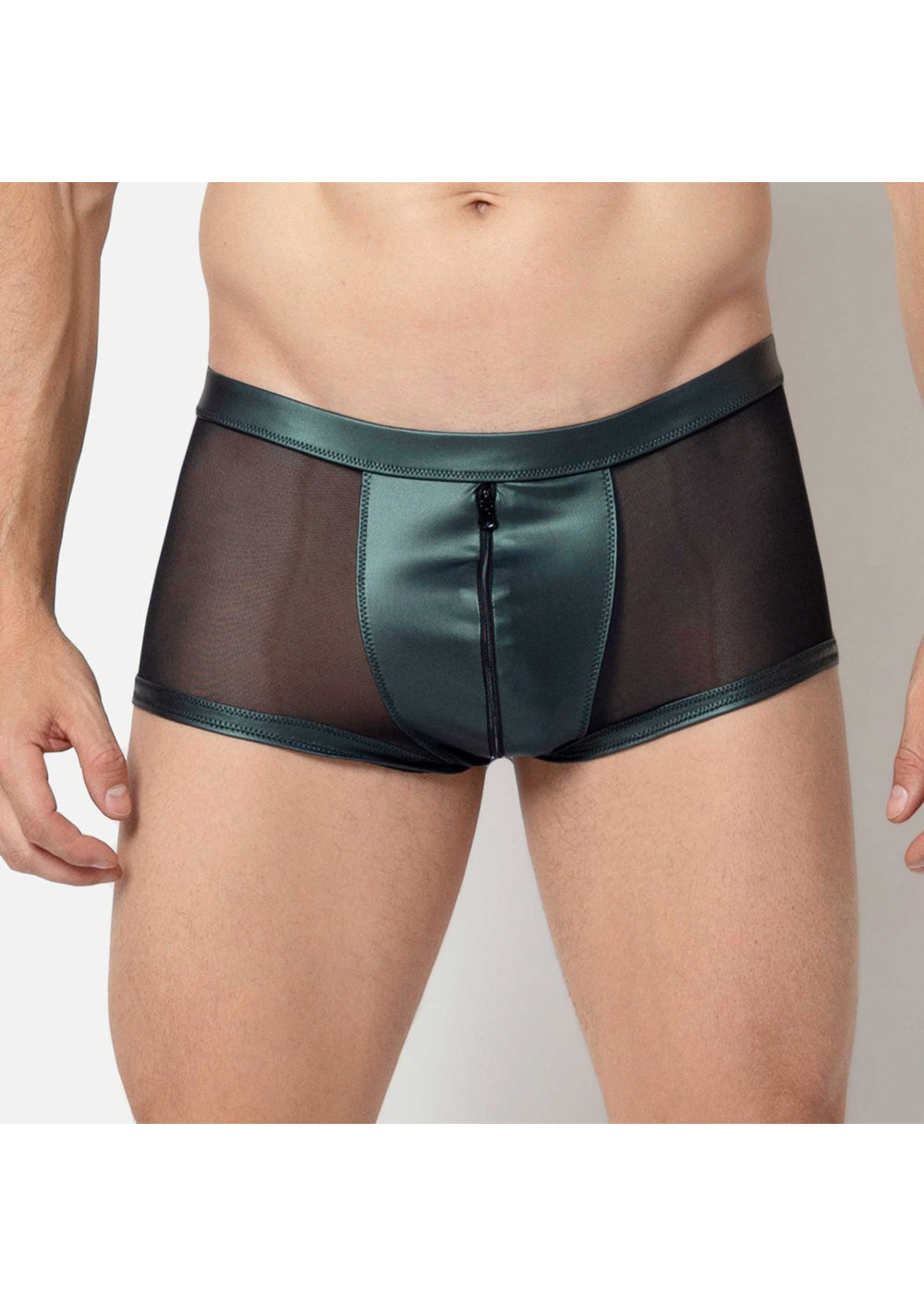 Catanzaro Boxer TOMANA schwarz aus Netz Wetlookel in Metallic Grün mit Reißverschluss