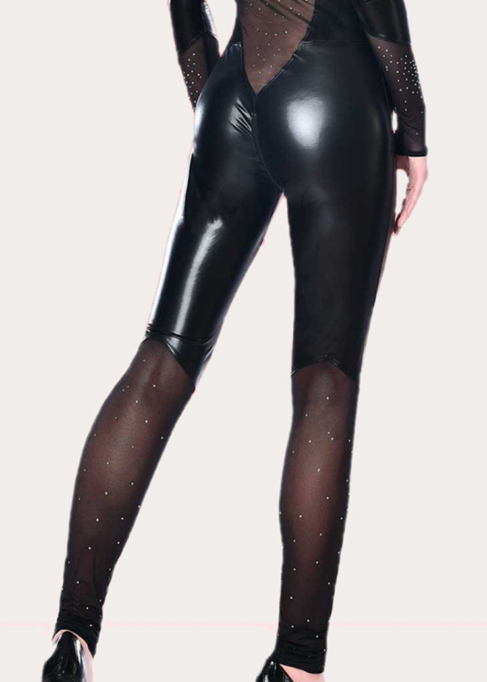 Catanzaro Catsuit CASSIOPE schwarz Wetlook mit Strasssteinen auf Netz mit Reißverschluss