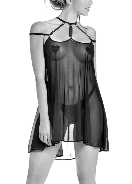 Catanzaro Kleid BELLADONNA schwarz Babydoll transparenter Tüll Bänder