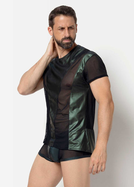 Catanzaro T-Shirt TOMANA schwarz aus Netz mit Wetlook in Metallic dunkelgrün
