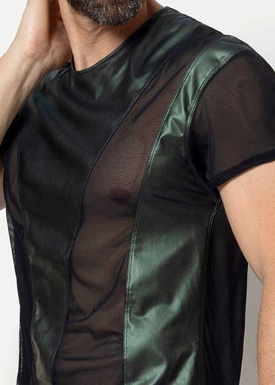 Catanzaro T-Shirt TOMANA schwarz aus Netz mit Wetlook in Metallic dunkelgrün