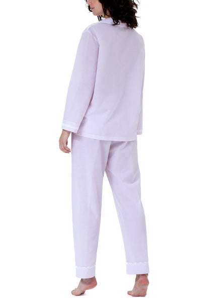 Celestine Pyjama SIGRID hellrosa weiß gestreift Hemdkragen Spitzendetails langarm