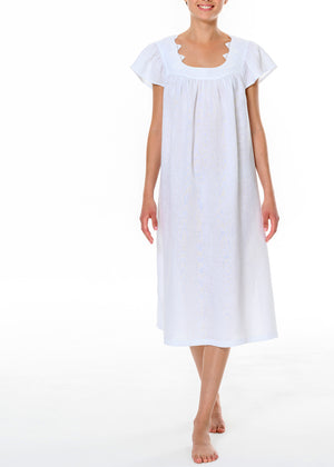 Celestine langes Babydoll-Nachthemd GINA weiß Leinen verziert mit Blüten-Spitze