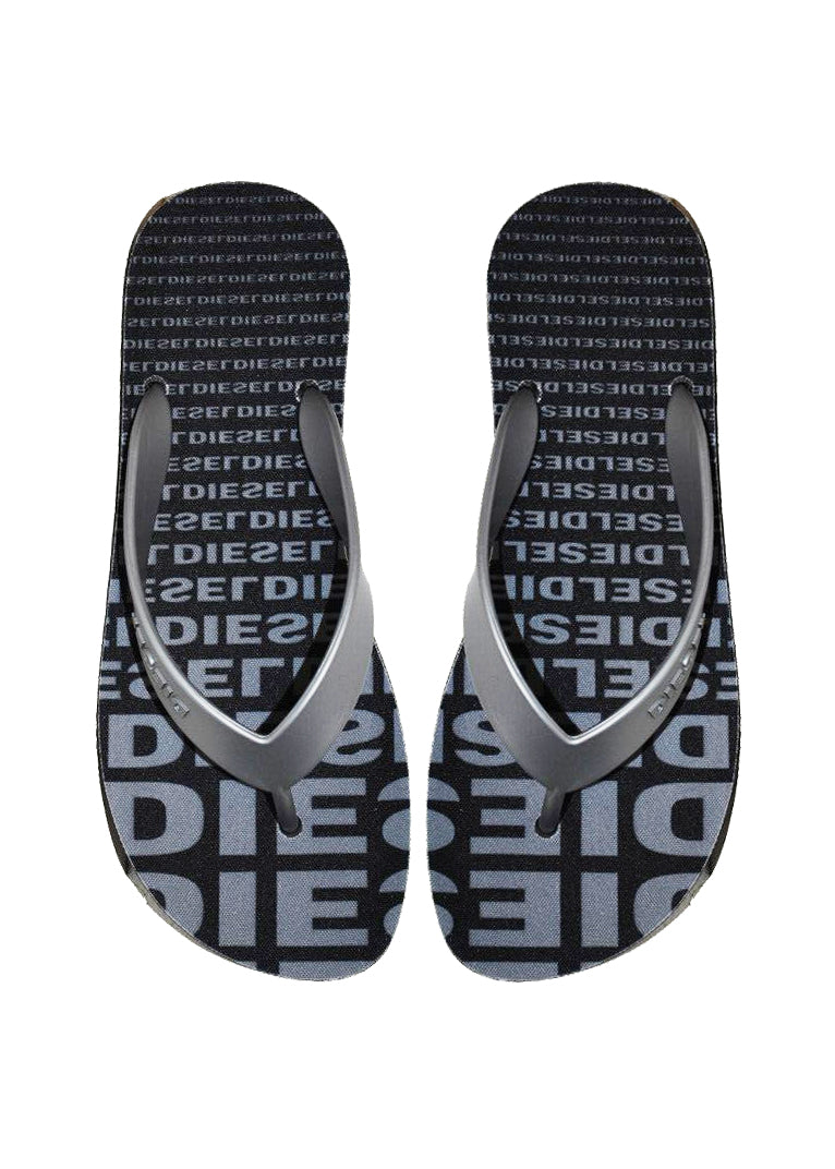 Diesel Badeschuhe PLAJA SPLISH Flip-Flops schwarz mit grauem Logoprint auf der Sohleninnenseite