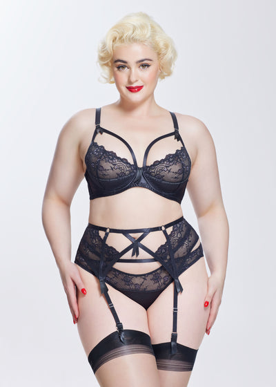 Dita Von Teese Slip MADAME X schwarz mit Harness aus Tüll Satin mit Spitze