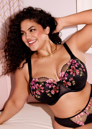 Elomi BH TEAGAN schwarz pink mit Tüll überzogen Stickerei in Blumenoptik große Cups