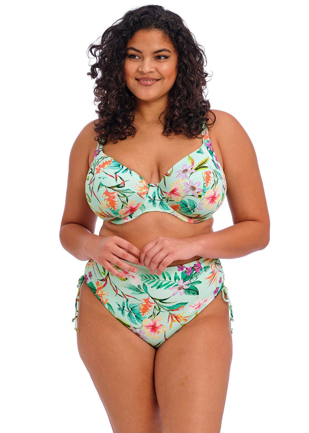 Elomi hohe Bikinihose SUNSHINE mintgrün tropischer Muster mit Raffung