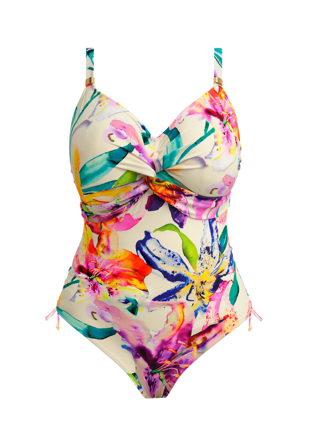 Fantasie Badeanzug IGUAZU FALLS champagner bunte Farbtupfer Muster Bügel Knotendetail