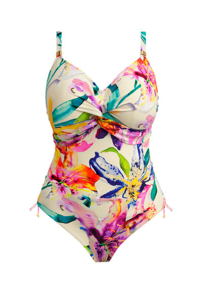 Fantasie Badeanzug IGUAZU FALLS champagner bunte Farbtupfer Muster Bügel Knotendetail