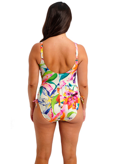 Fantasie Badeanzug IGUAZU FALLS champagner bunte Farbtupfer Muster Bügel Knotendetail
