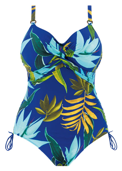 Fantasie Badeanzug PICHOLA blau mit Palmenblätter-Muster Knotendetail
