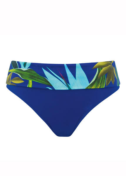 Fantasie Bikinihose PICHOLA blau breiter Bund mit Palmenblätter-Muster