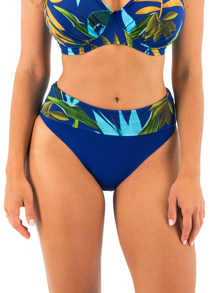 Fantasie Bikinihose PICHOLA blau breiter Bund mit Palmenblätter-Muster