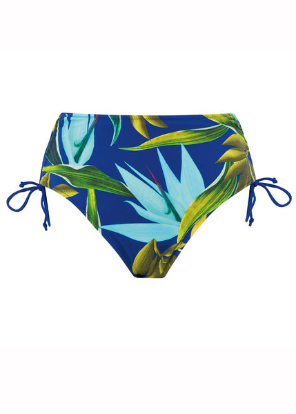 Fantasie High-Waist Bikinihose PICHOLA blau mit Palmenblätter-Muster