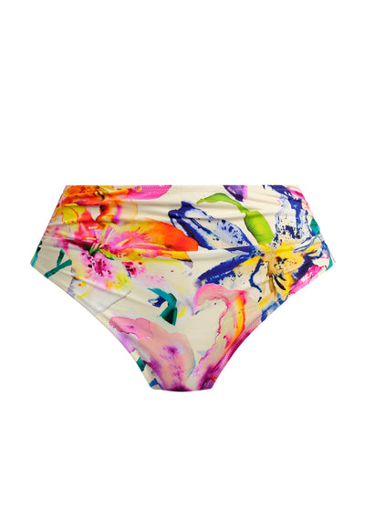 Fantasie hohe Bikinihose IGUAZU FALLS champagner bunte Farbtupfer Muster mit Raffung