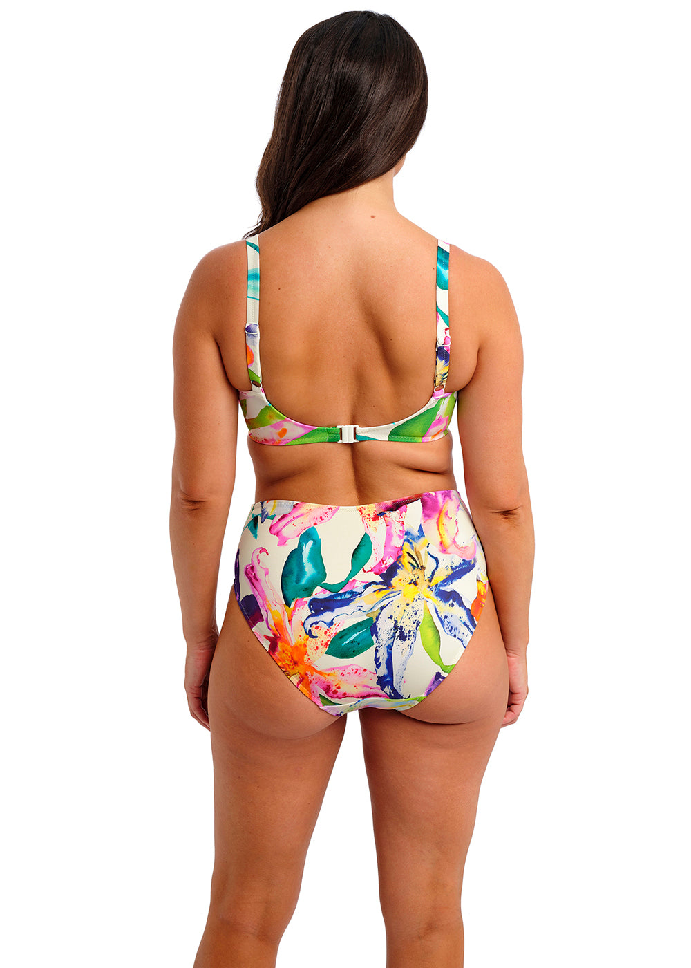 Fantasie hohe Bikinihose IGUAZU FALLS champagner bunte Farbtupfer Muster mit Raffung