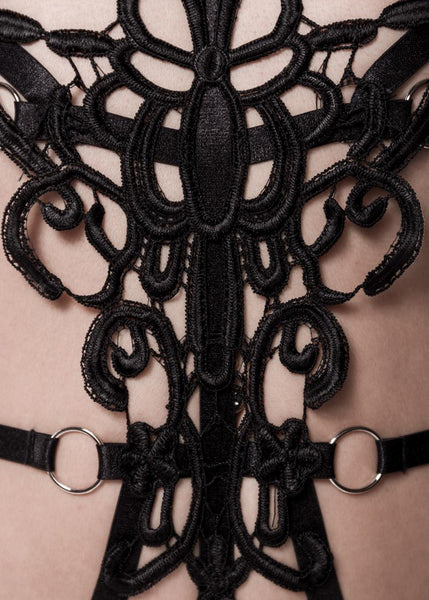 Grey Velvet Harness-String-Body schwarz aus Bändern und Spitze