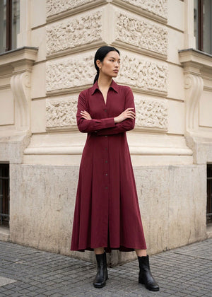 HIGH Midi-Kleid AUDACIOUS dunkelrot Stretch langarm Knopfleiste Hemdkragen