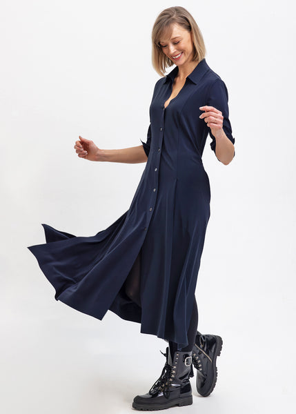 HIGH Midi-Kleid AUDACIOUS schwarz Stretch langarm Knopfleiste Hemdkragen