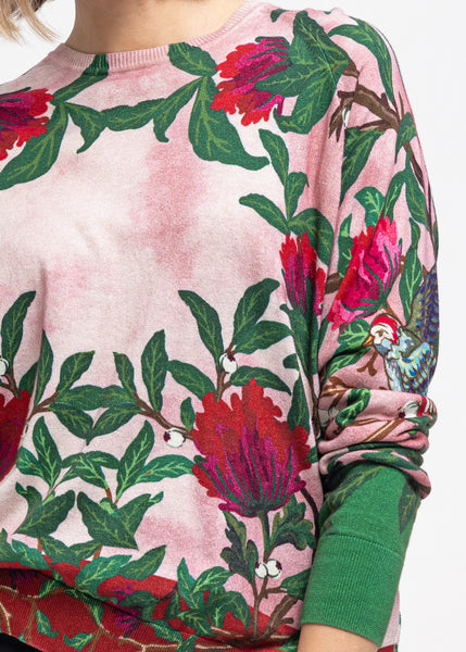 High Pullover BOUQUET rosa Blumen-Print in Rot Grün Baumwolle