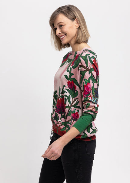 High Pullover BOUQUET rosa Blumen-Print in Rot Grün Baumwolle