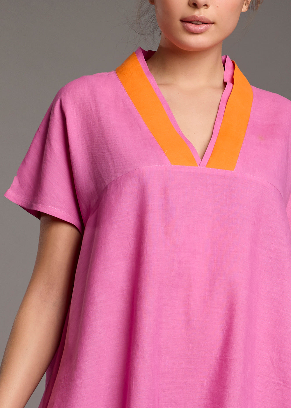 Iconique Tunikakleid BEA fuchsia orange Kontraste kurzarm V-Ausschnitt Leinenbaumwollmix