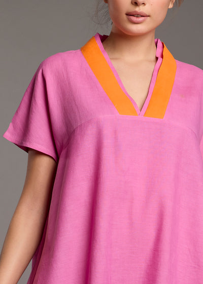 Iconique Tunikakleid BEA fuchsia orange Kontraste kurzarm V-Ausschnitt Leinenbaumwollmix