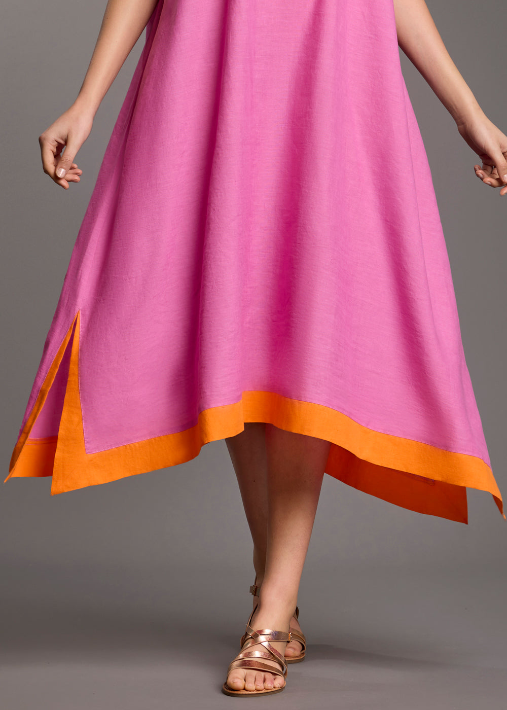 Iconique Tunikakleid BEA fuchsia orange Kontraste kurzarm V-Ausschnitt Leinenbaumwollmix