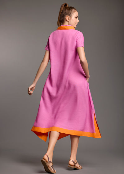 Iconique Tunikakleid BEA fuchsia orange Kontraste kurzarm V-Ausschnitt Leinenbaumwollmix