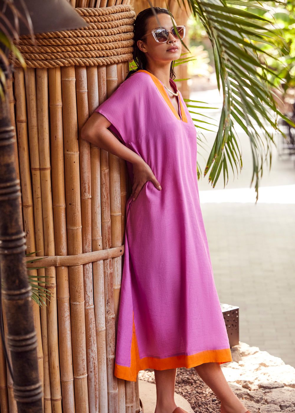 Iconique Tunikakleid BEA fuchsia orange Kontraste kurzarm V-Ausschnitt Leinenbaumwollmix