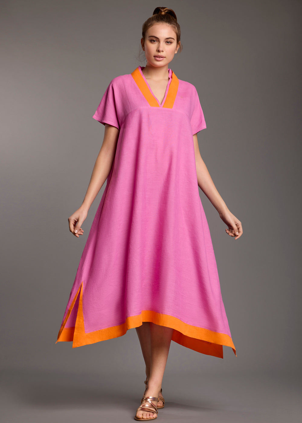 Iconique Tunikakleid BEA fuchsia orange Kontraste kurzarm V-Ausschnitt Leinenbaumwollmix