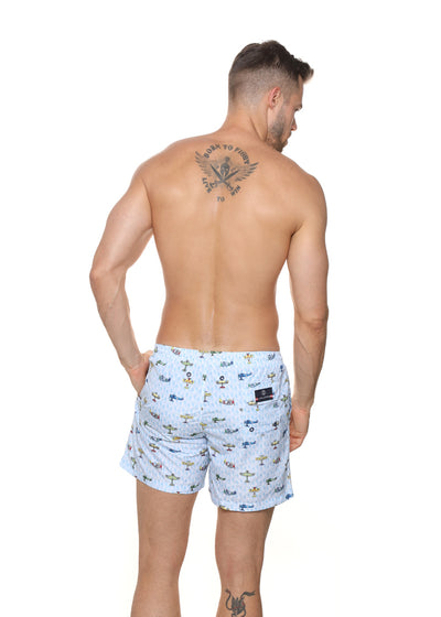Jolidon Badeshorts AVIA hellblau weiß gemustert mit buntem Flugzeugprint