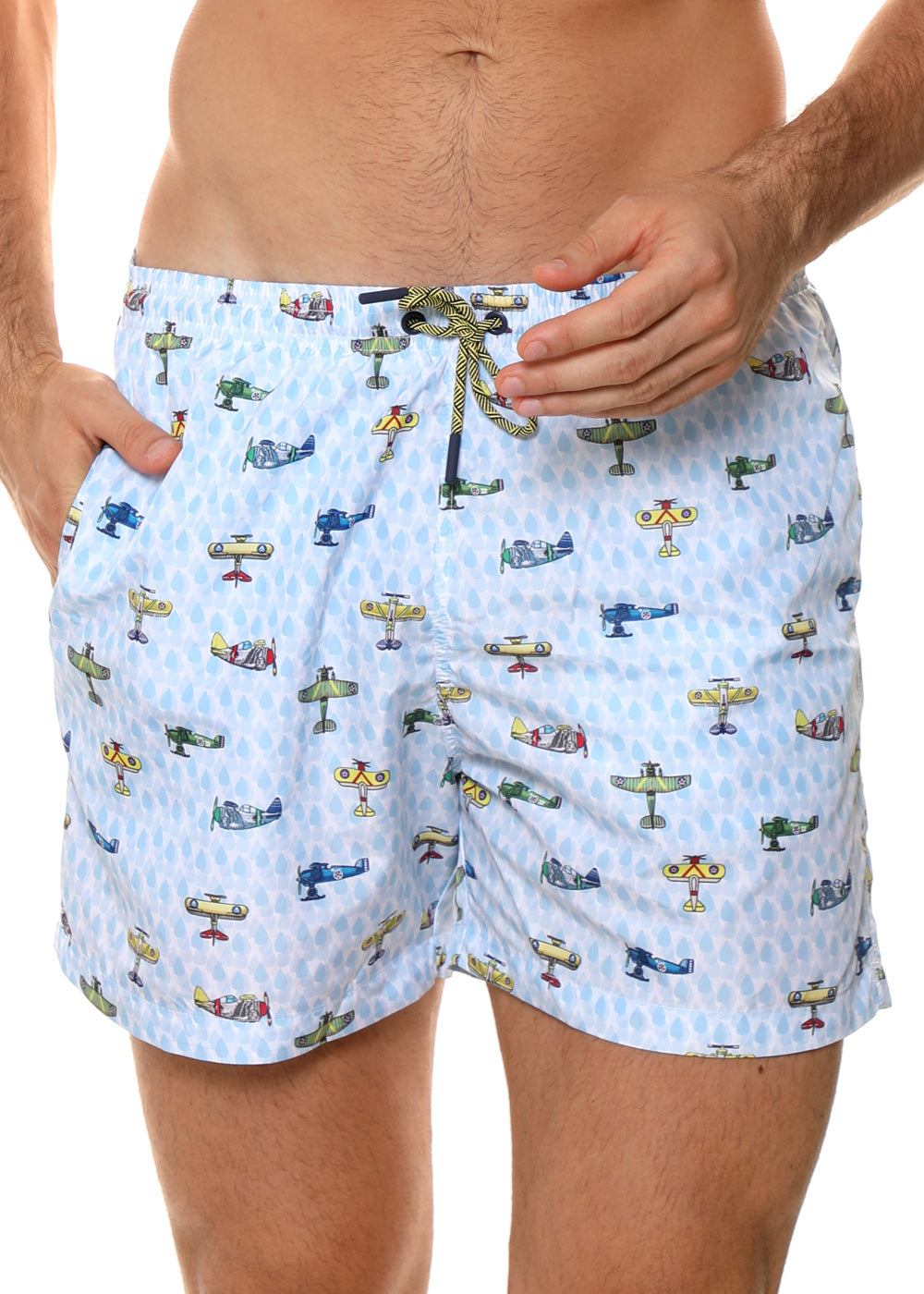 Jolidon Badeshorts AVIA hellblau weiß gemustert mit buntem Flugzeugprint