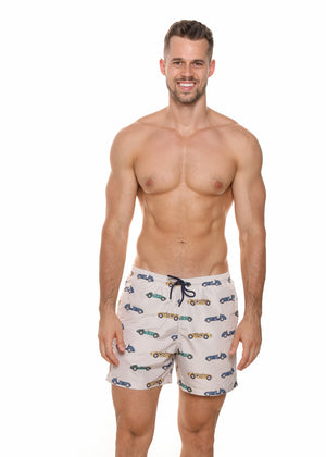 Jolidon Badeshorts MOTO beige mit buntem Autoprint