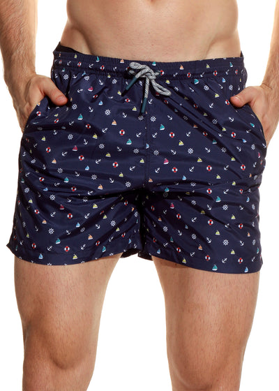 Jolidon Badeshorts NAUTICAL dunkelblau bedruckt mit Seefahrt-Motiven