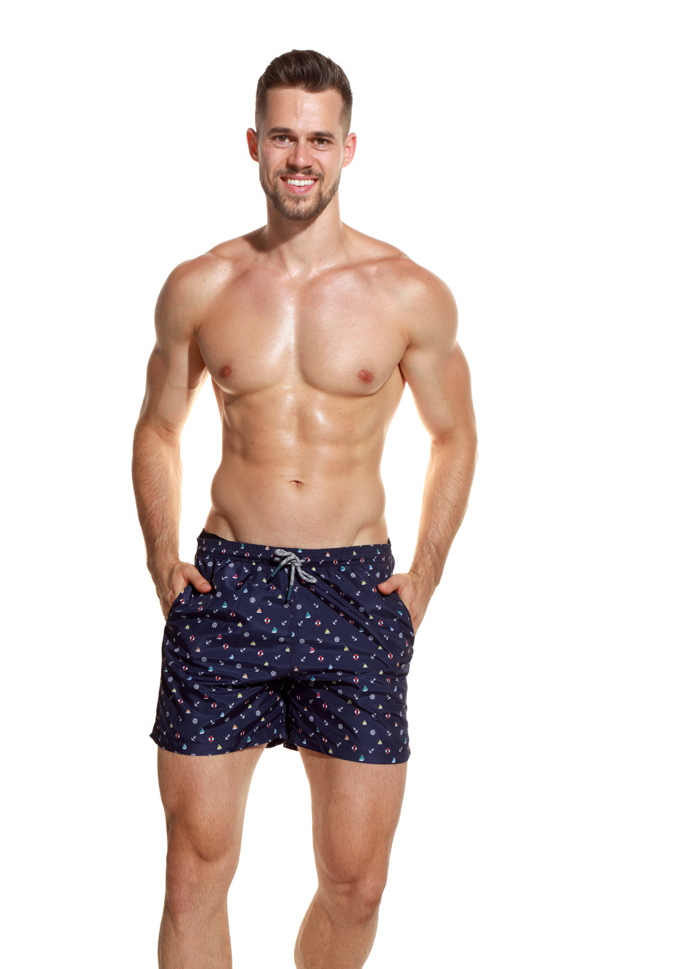 Jolidon Badeshorts NAUTICAL dunkelblau bedruckt mit Seefahrt-Motiven