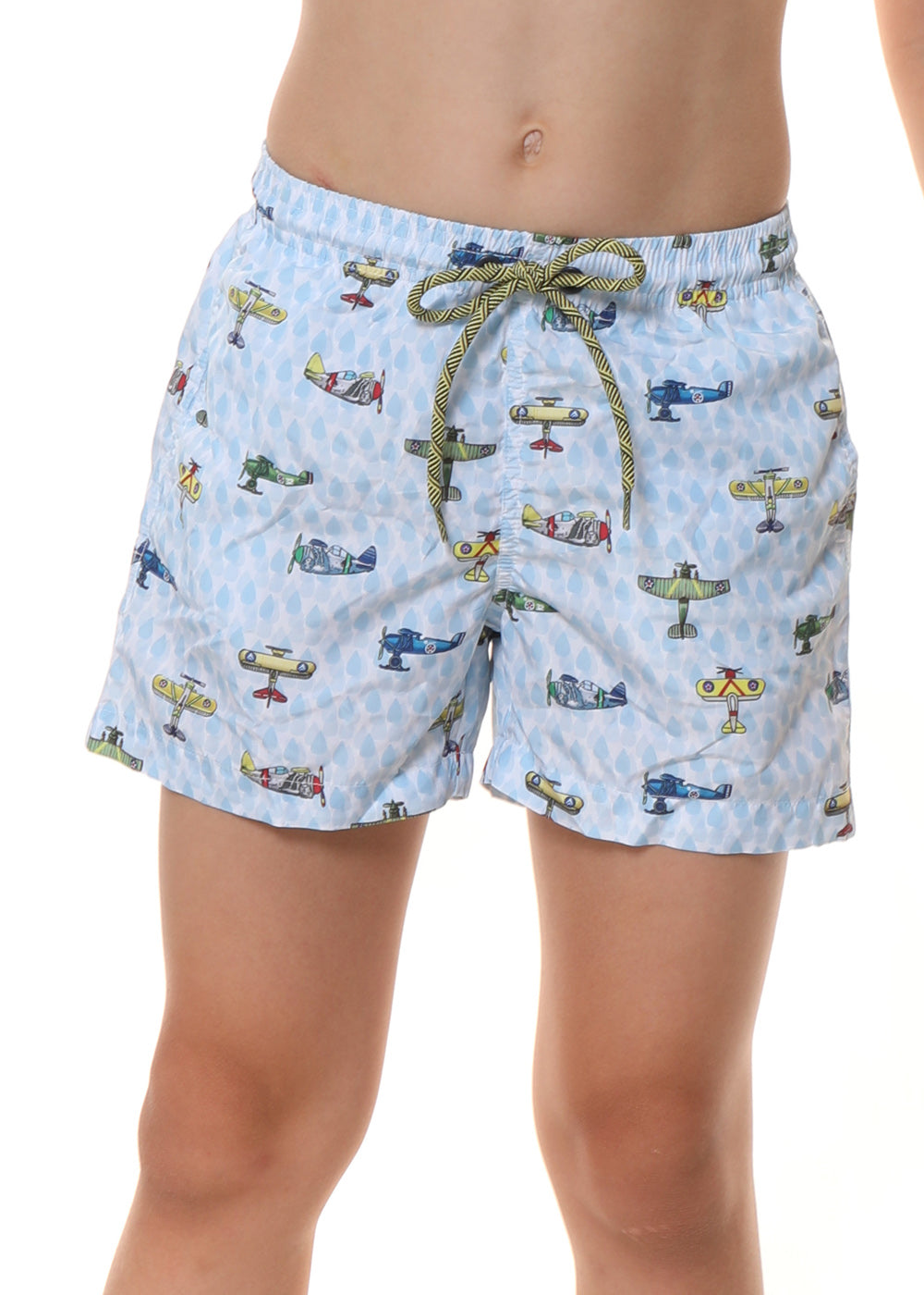 Jolidon Kids Badeshorts AVIA hellblau weiß gemustert mit buntem Flugzeugprint
