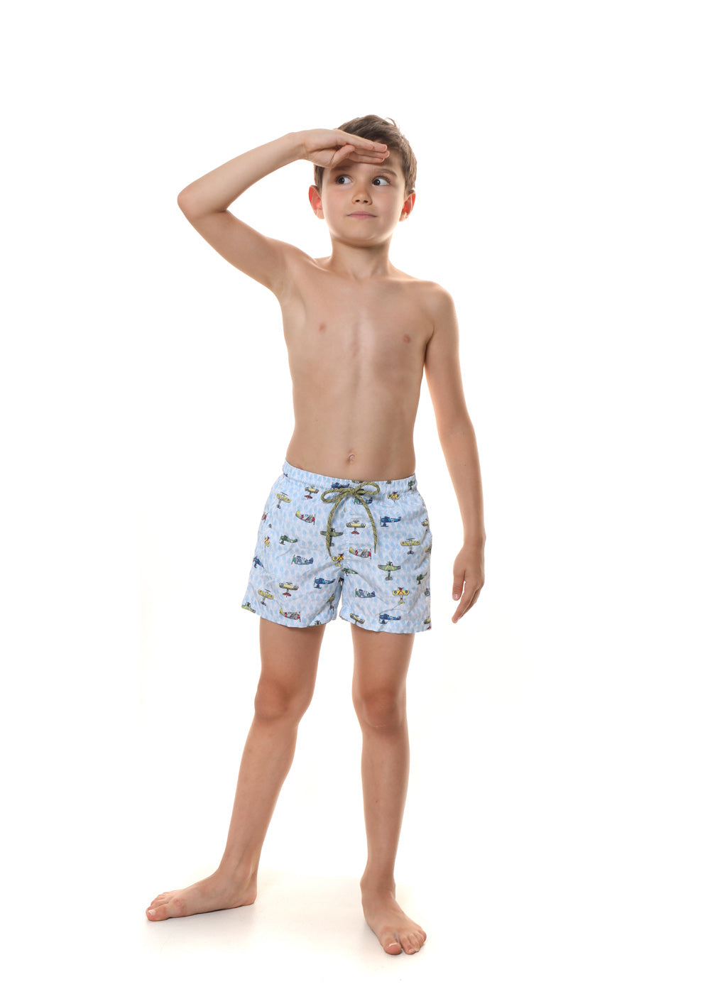 Jolidon Kids Badeshorts AVIA hellblau weiß gemustert mit buntem Flugzeugprint