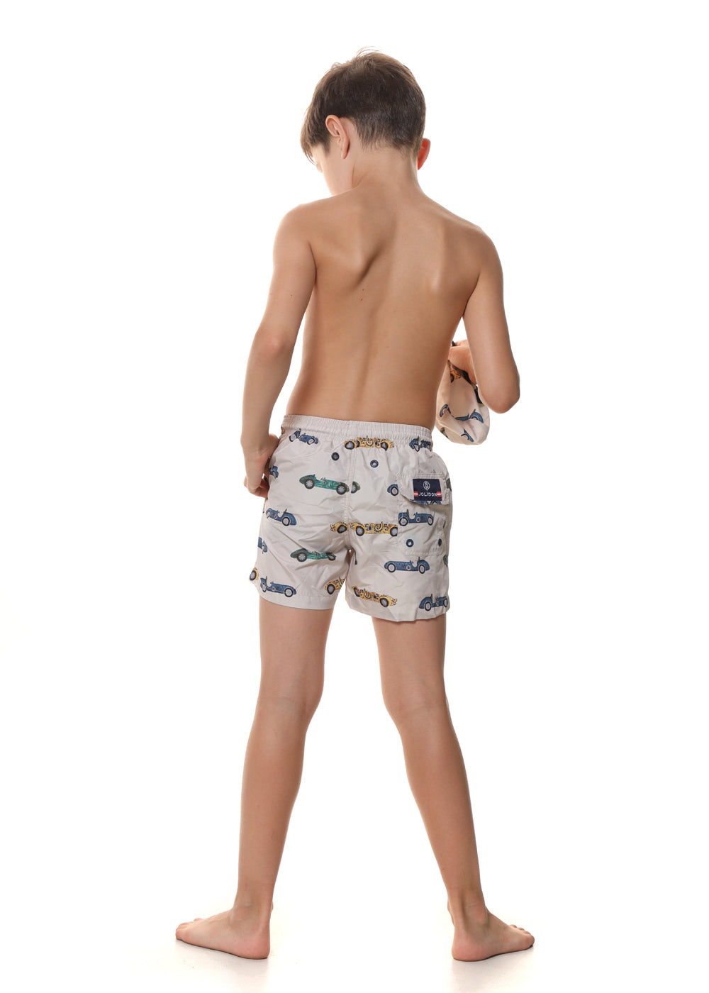 Jolidon Kids Badeshorts MOTO beige mit buntem Autoprint