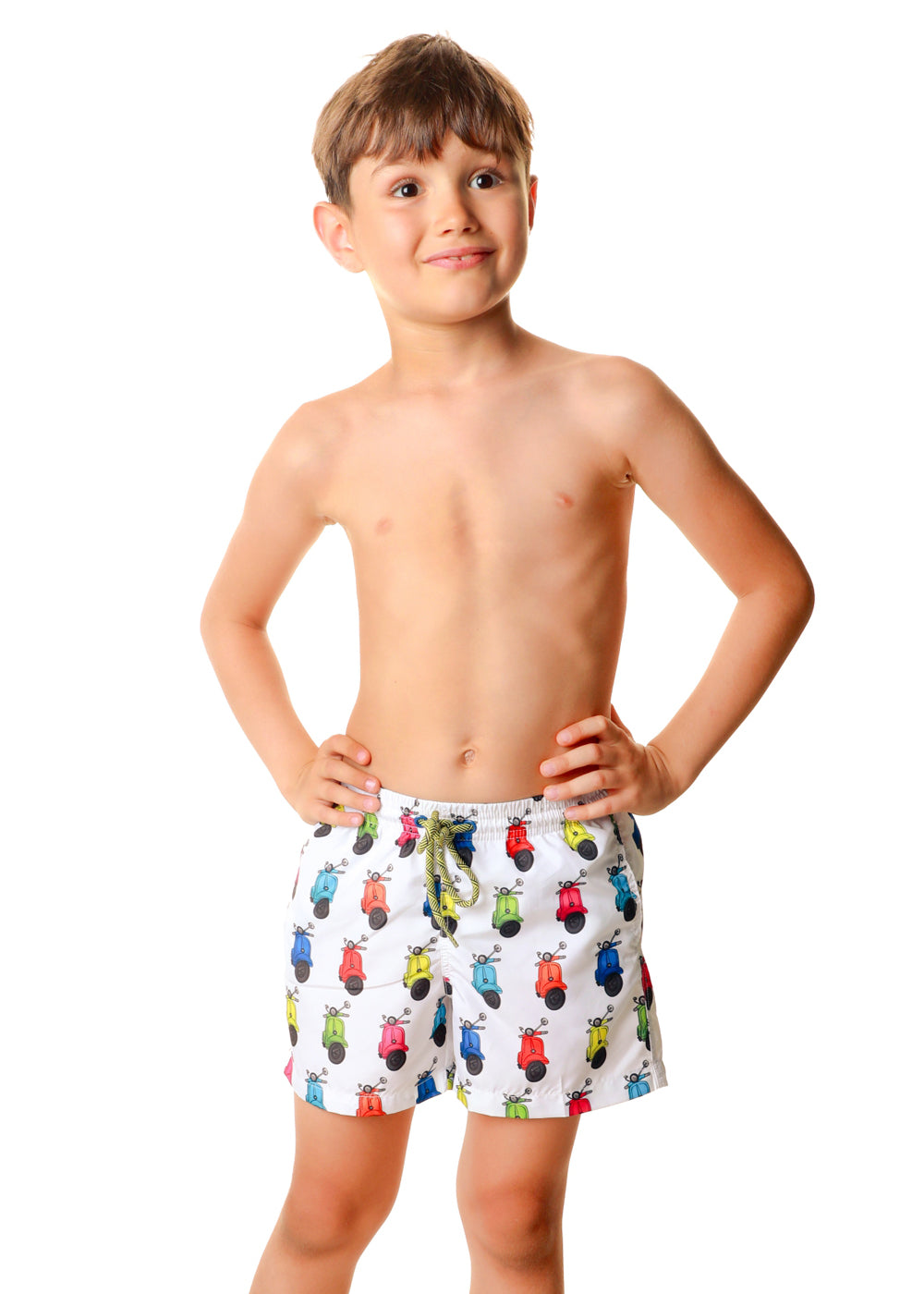 Jolidon Kids Badeshorts ROLLER weiß mit buntem Motorroller-Aufdruck